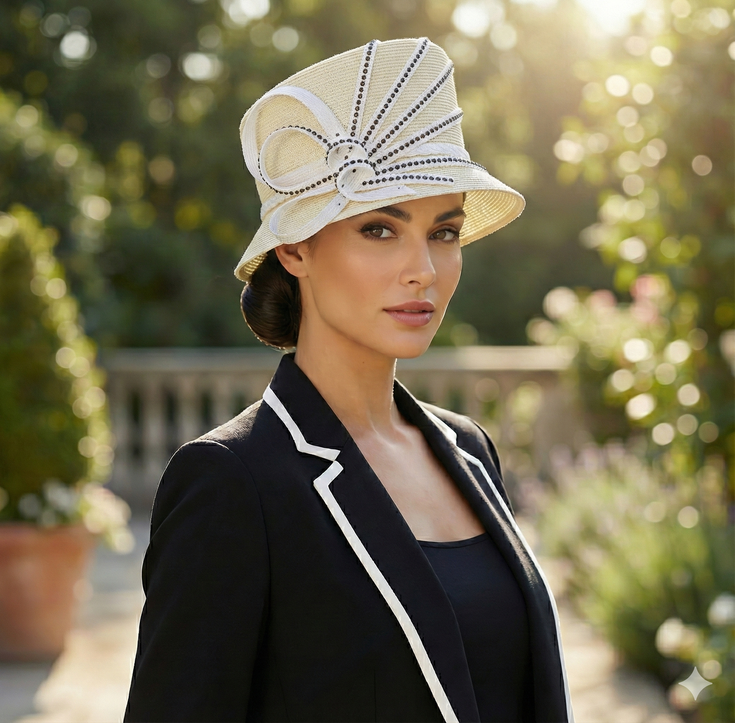 T1102 - Wide Brim Floral Hat: White/black