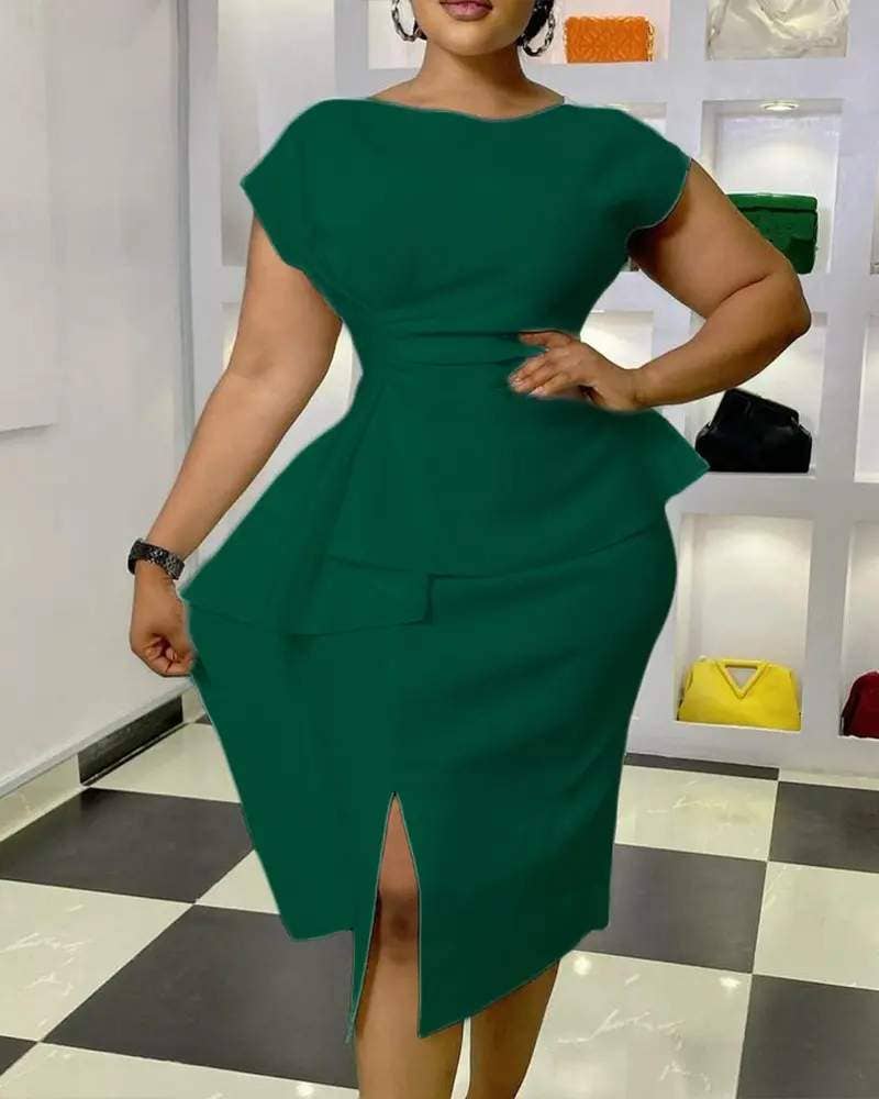 Round neck short sleeve slit work dress: WHITE / 1-1-1-1 / S-M-L-XL