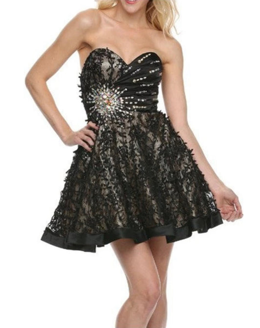 Juliet 1224 Lace Overlay Black Gold Short Dress A Line Strapless Rhinestones image 0