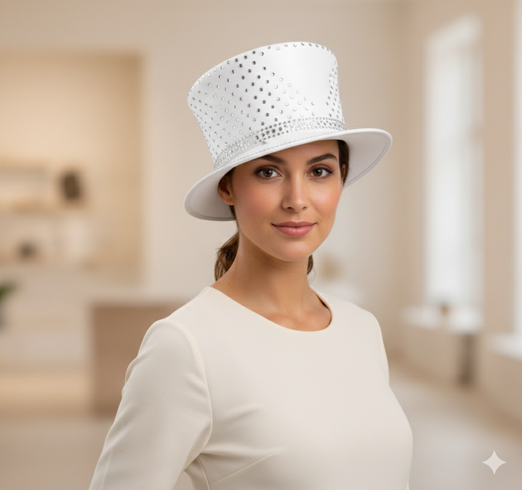 YR607 - Rhinestone-Studded Dress Hat with Crystal Band: White