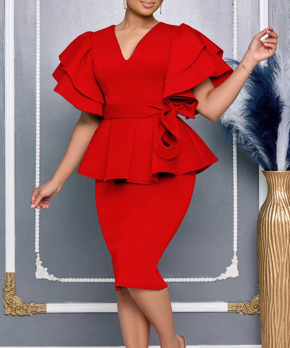 V-Neck Ruffle Wrap Gown: White / M
