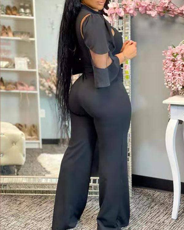 Sheer mesh bell sleeve wide legs jumpsuit: BLACK / 1-1-1-1 / S-M-L-XL