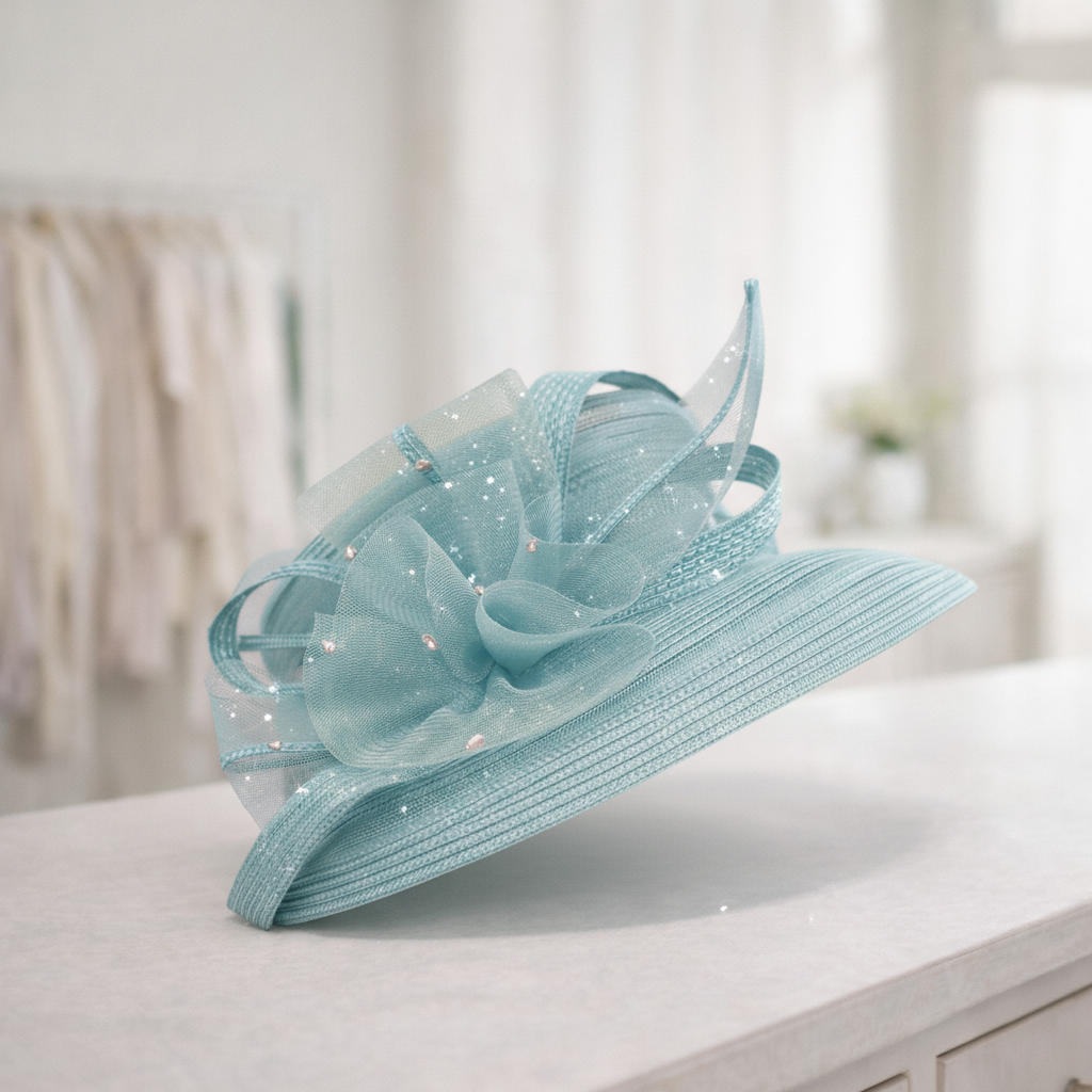 T15901 - Elegant dress Hat with Mesh Bow & Rhinestone Ac: Sky Blue