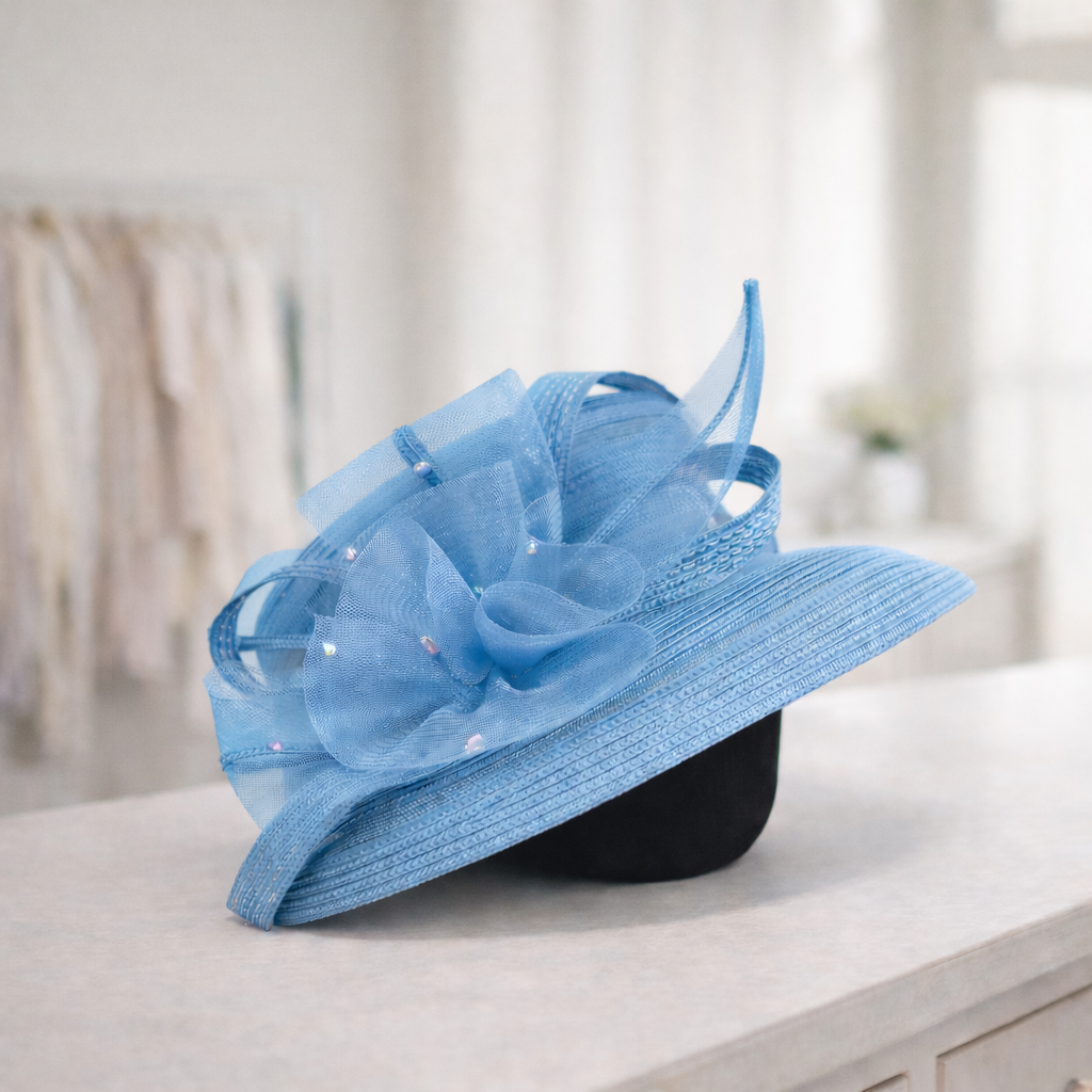 T15901 - Elegant dress Hat with Mesh Bow & Rhinestone Ac: Pink