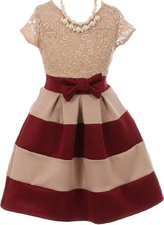 Little Girls Lace Bow Stripe Necklace Flower Girls Dresses: Pink / 4