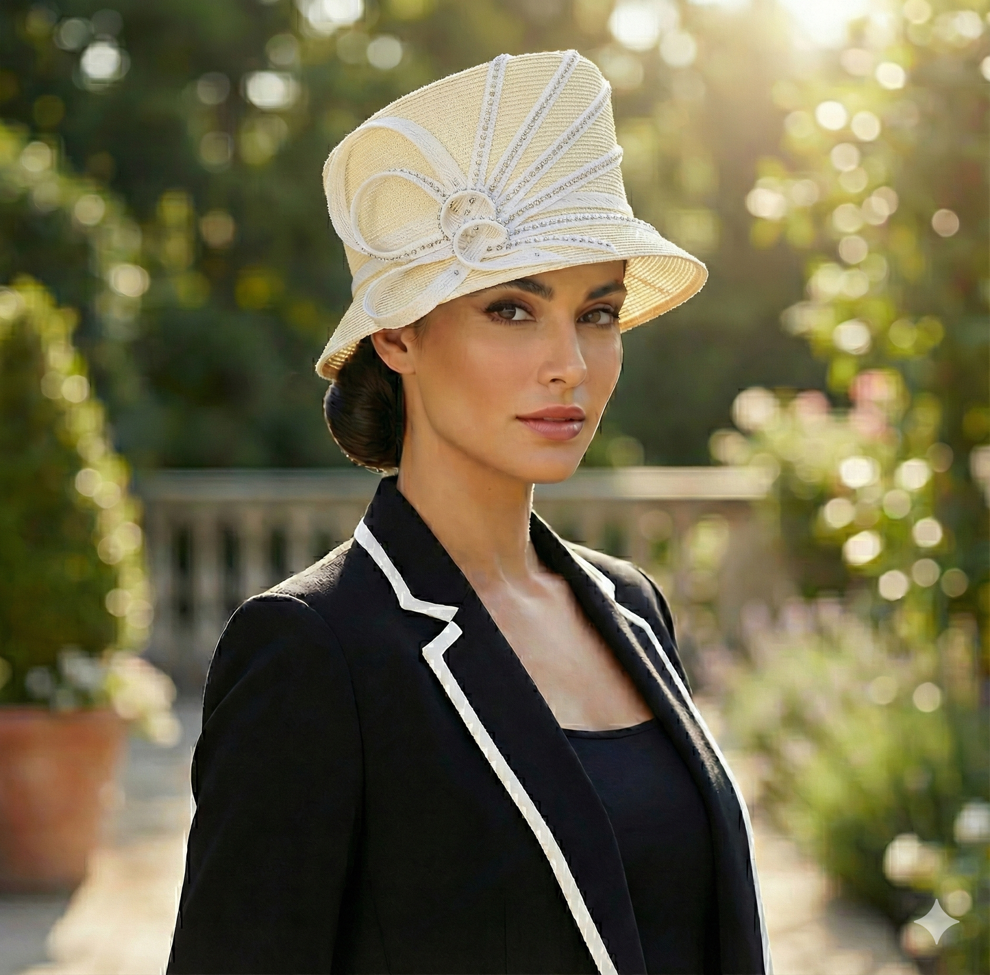 T1102 - Wide Brim Floral Hat: White/black