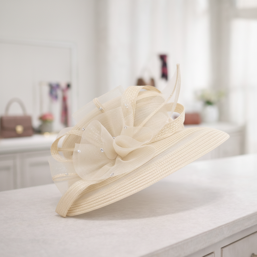 T15901 - Elegant dress Hat with Mesh Bow & Rhinestone Ac: Sky Blue