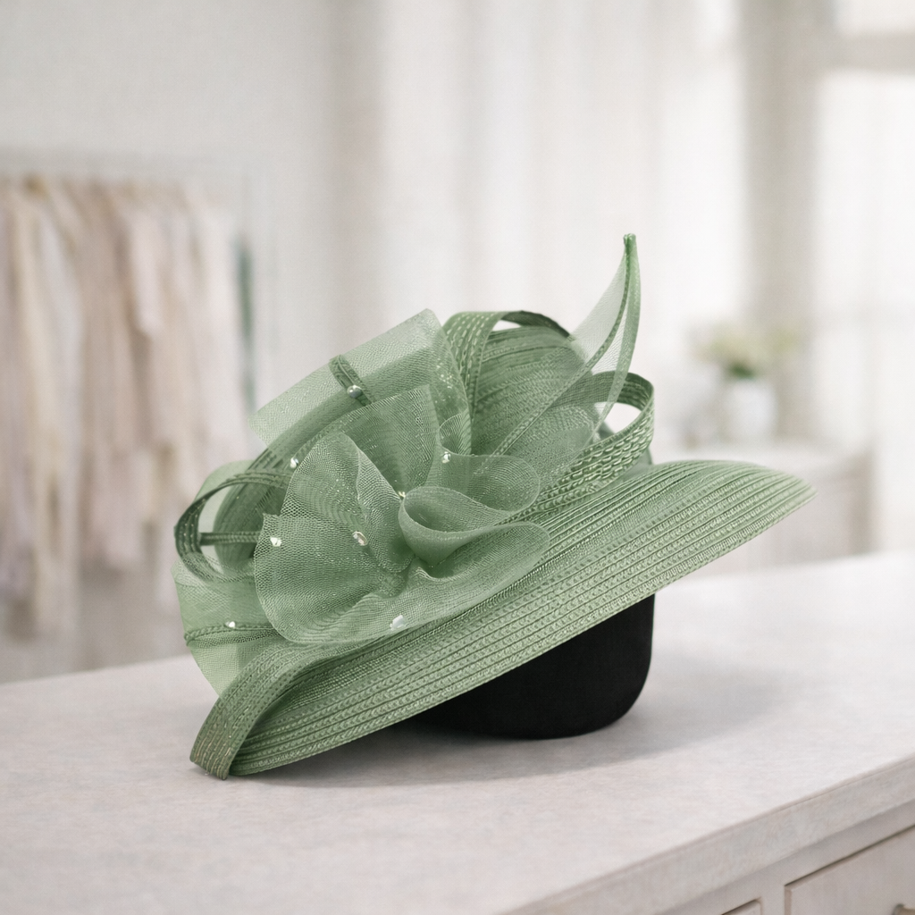 T15901 - Elegant dress Hat with Mesh Bow & Rhinestone Ac: Pink