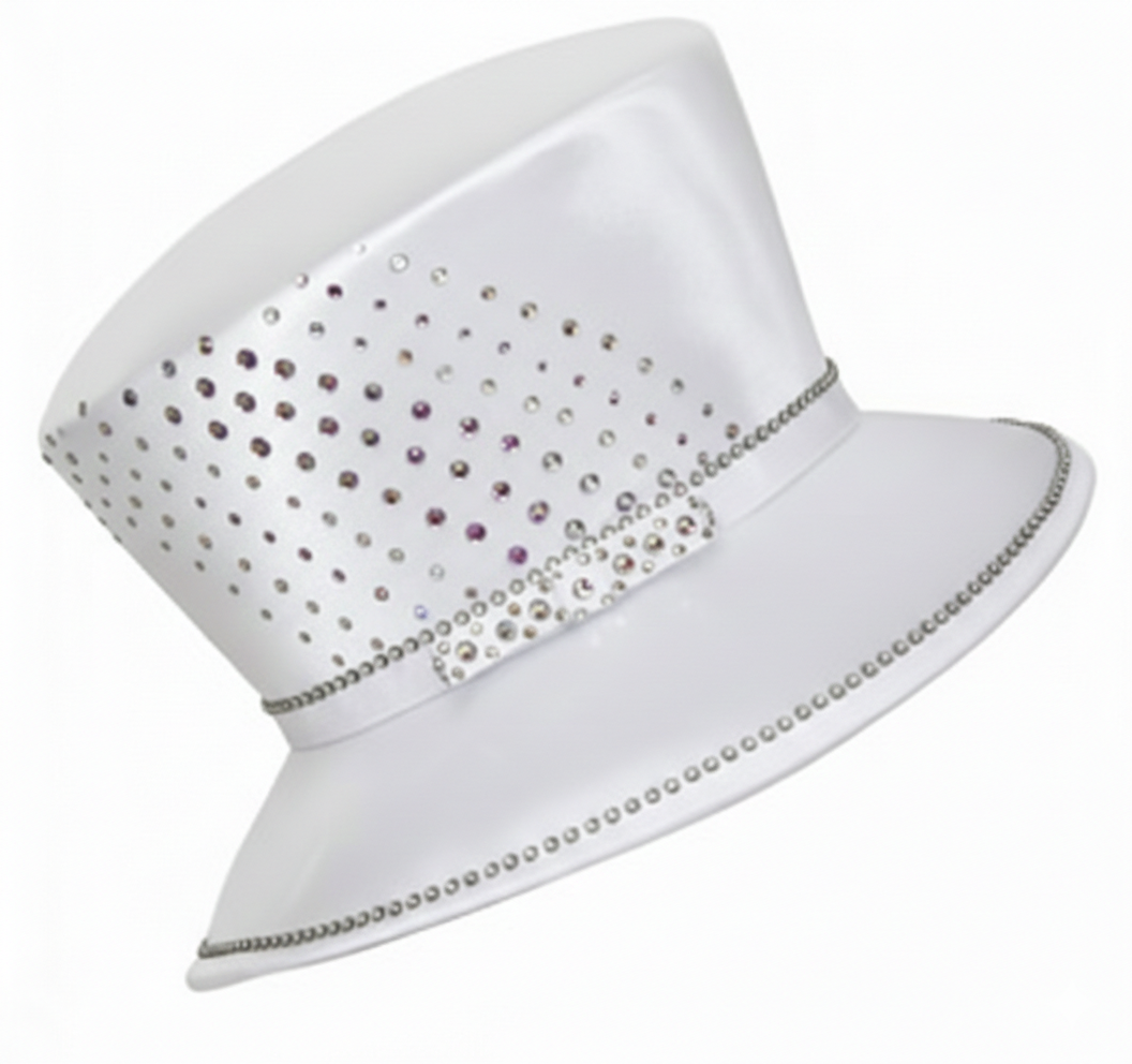 YR607 - Rhinestone-Studded Dress Hat with Crystal Band: White