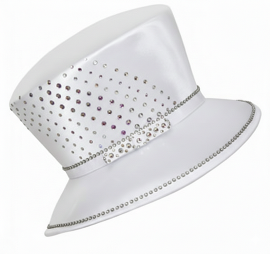YR607 - Rhinestone-Studded Dress Hat with Crystal Band: White