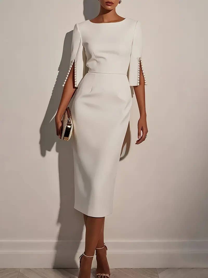 Beaded Sleeve Slim-Fit Elegant Dress: White / M