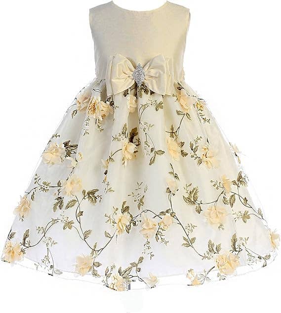 Girls Floral Embroidered Organza Dress with Bow and Brooch: Pink / 10