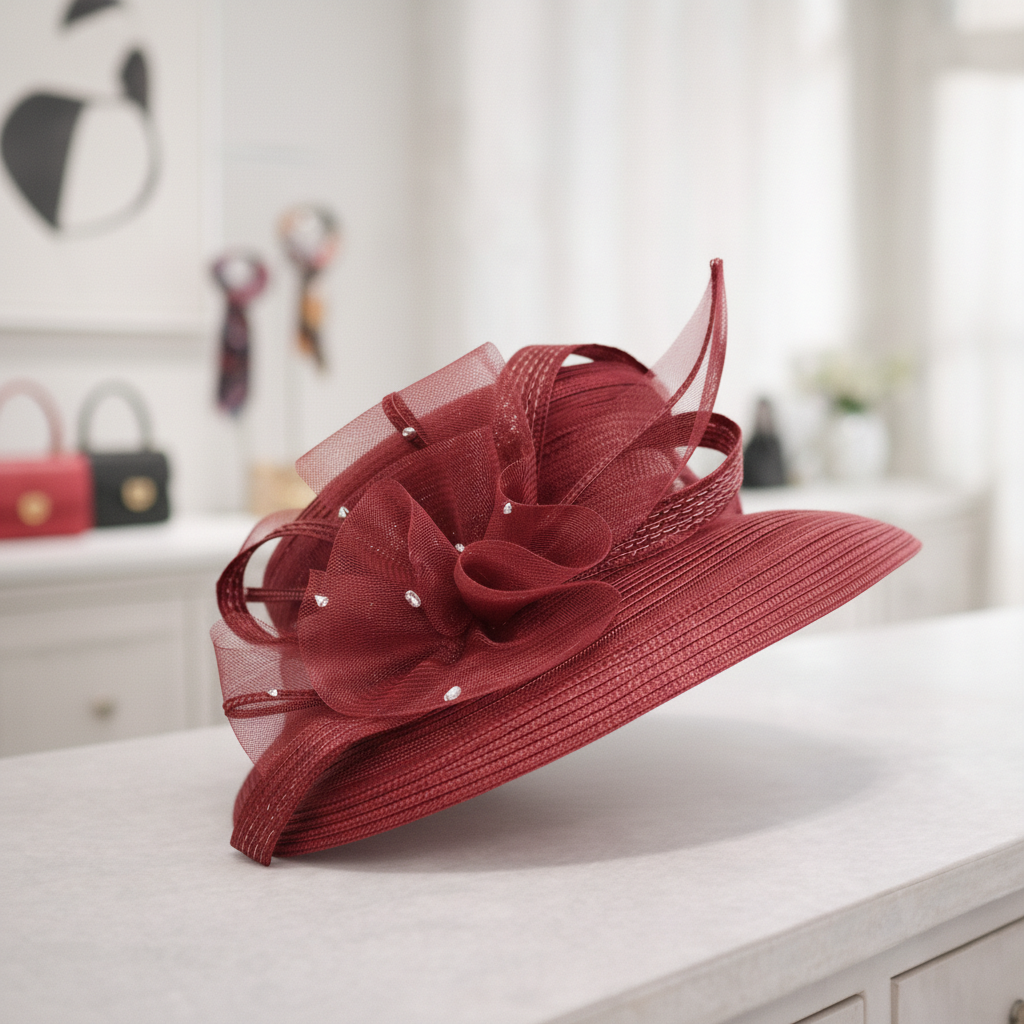 T15901 - Elegant dress Hat with Mesh Bow & Rhinestone Ac: Pink