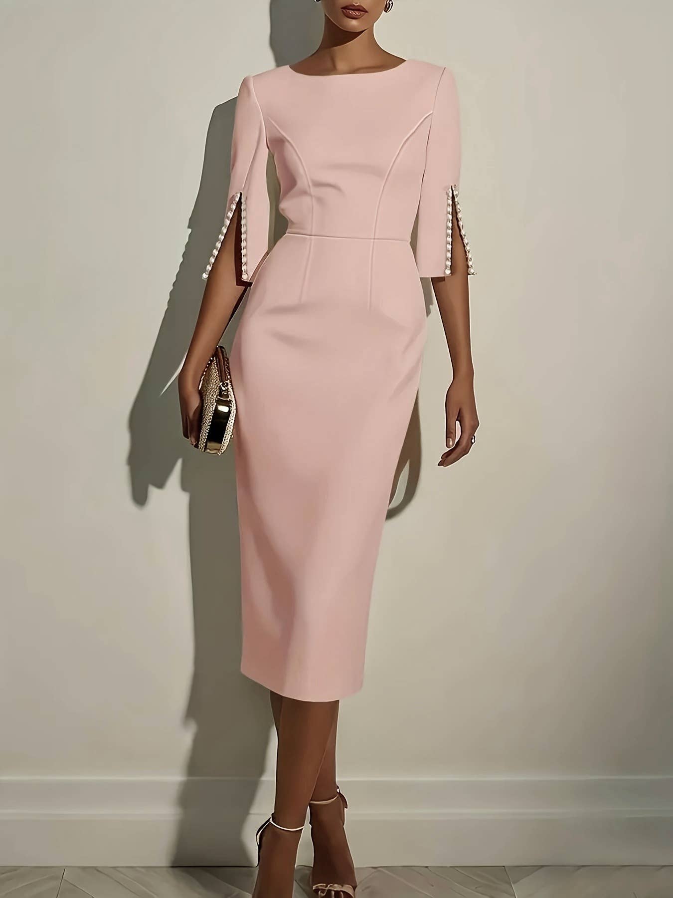 Beaded Sleeve Slim-Fit Elegant Dress: White / L