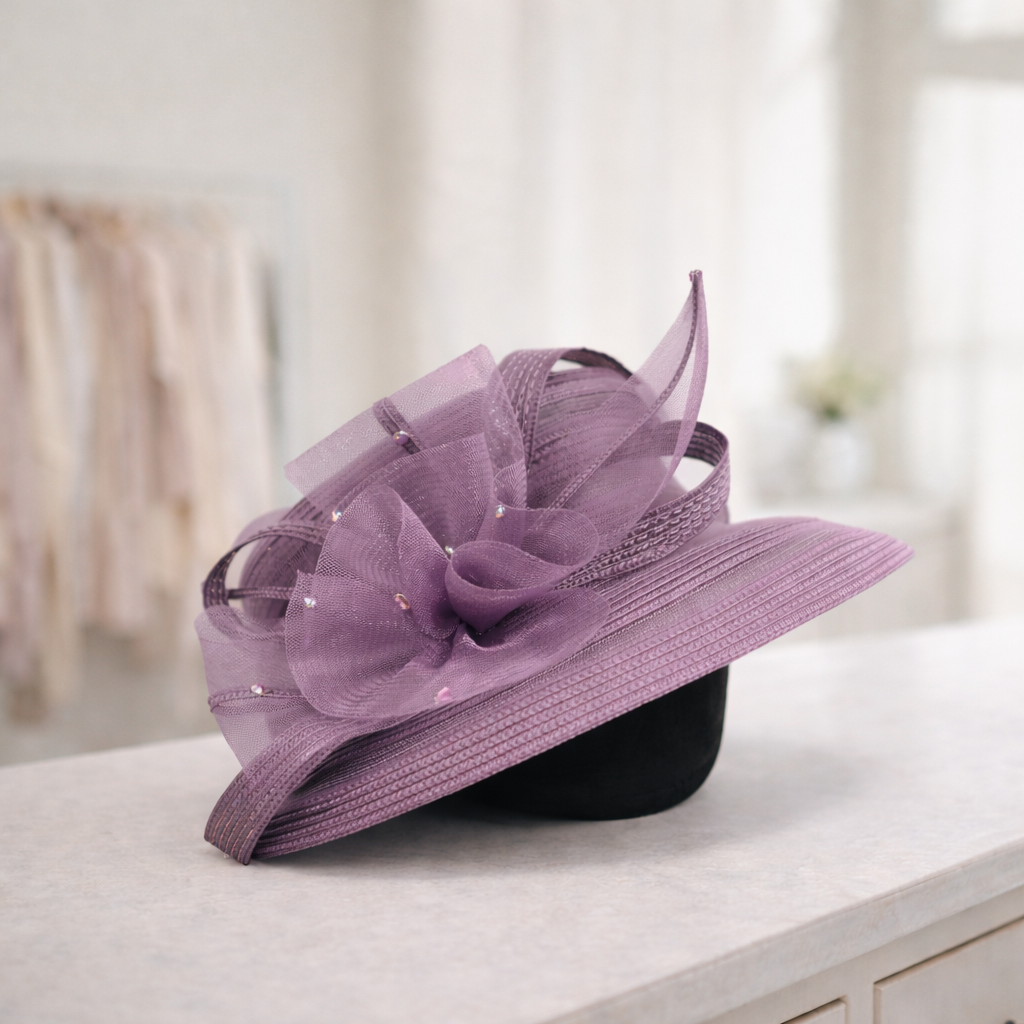 T15901 - Elegant dress Hat with Mesh Bow & Rhinestone Ac: Pink