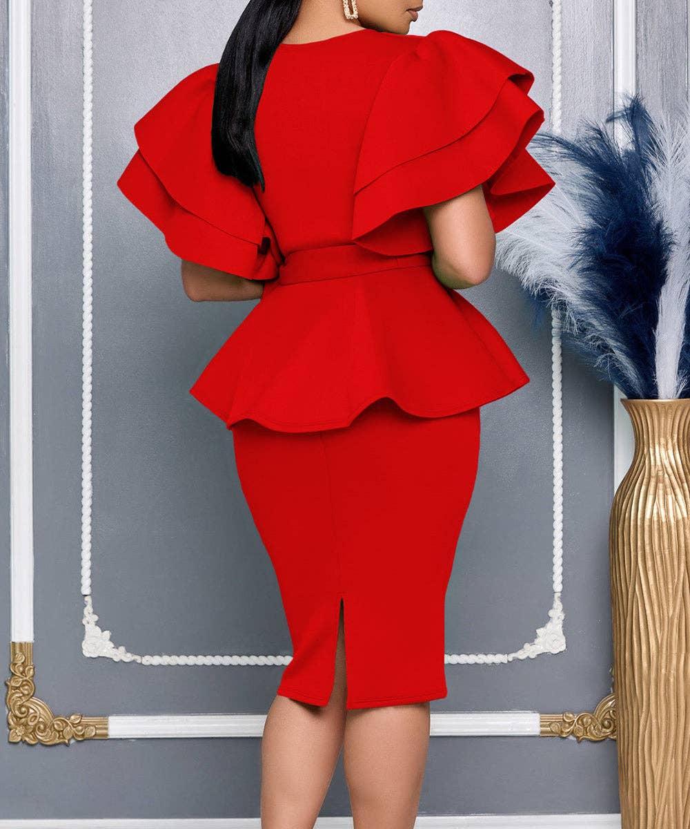 V-Neck Ruffle Wrap Gown: White / M