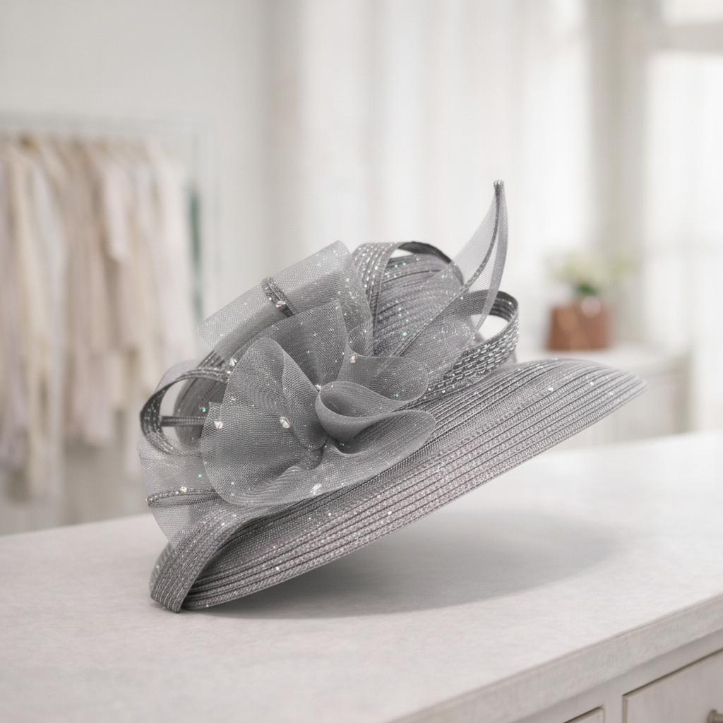 T15901 - Elegant dress Hat with Mesh Bow & Rhinestone Ac: Pink