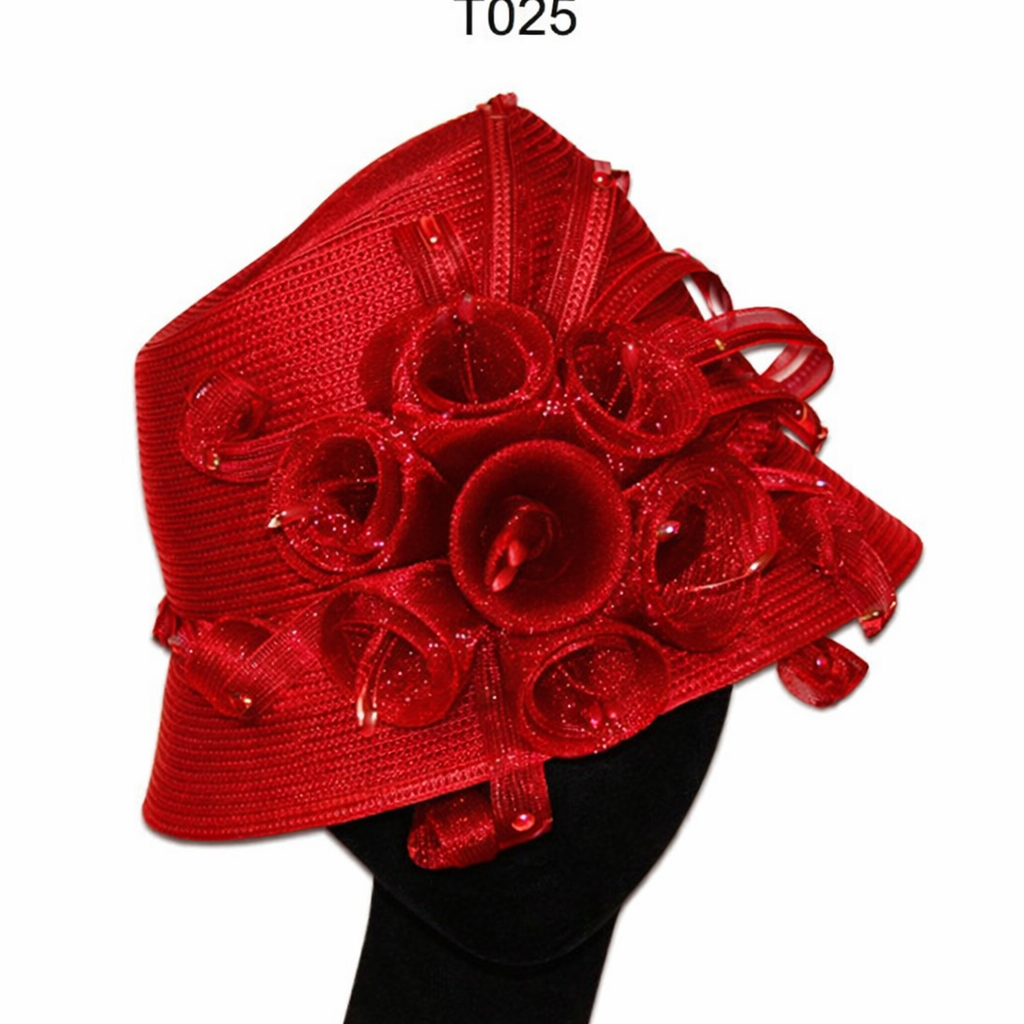 T025 - Women’s Red Dress Hat with Sculpted Rosette Detail: Red