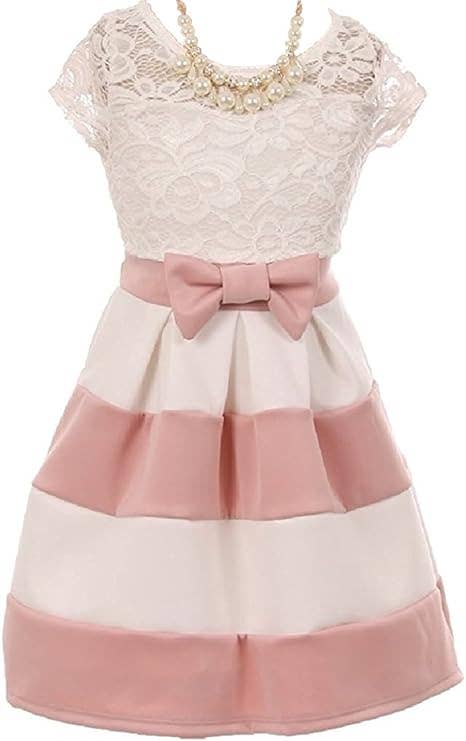 Little Girls Lace Bow Stripe Necklace Flower Girls Dresses: Pink / 4