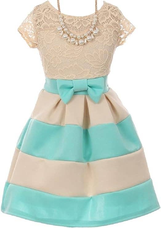 Little Girls Lace Bow Stripe Necklace Flower Girls Dresses: Pink / 4