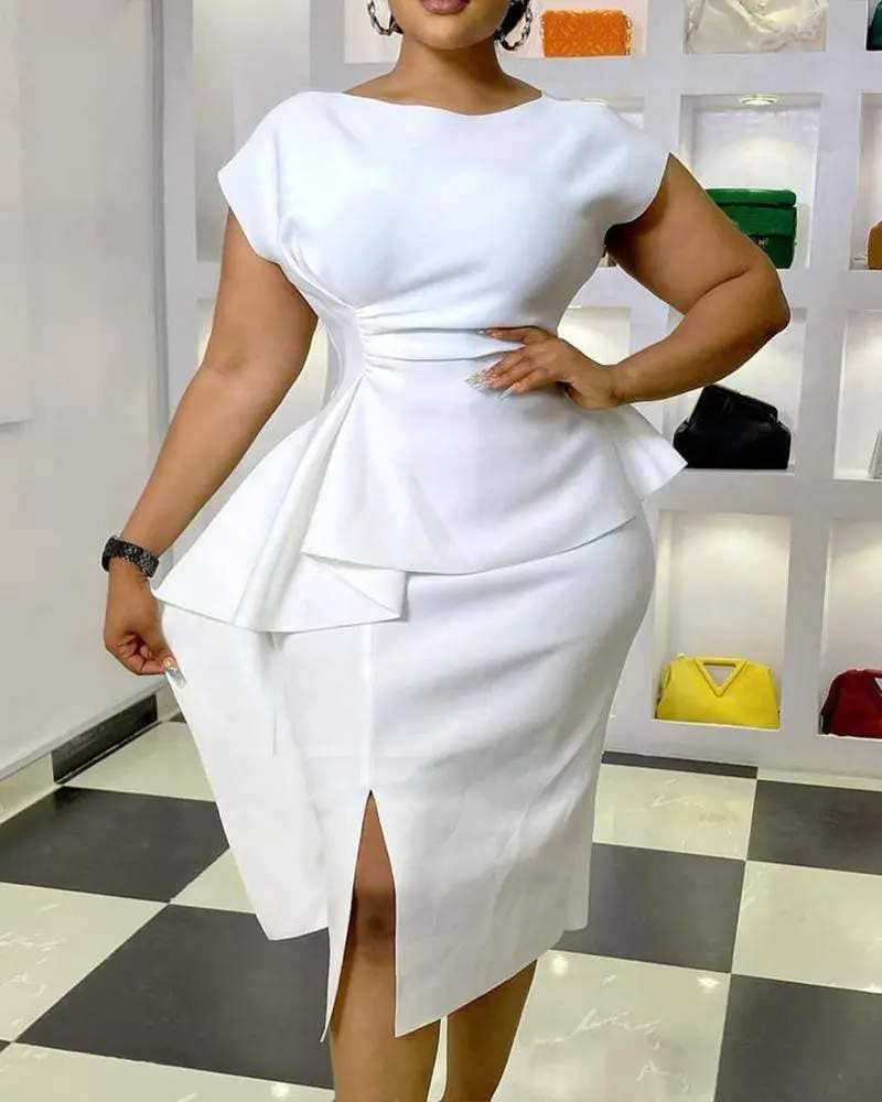 Round neck short sleeve slit work dress: WHITE / 1-1-1-1 / S-M-L-XL