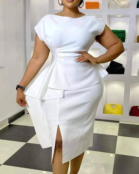 Round neck short sleeve slit work dress: WHITE / 1-1-1-1 / S-M-L-XL