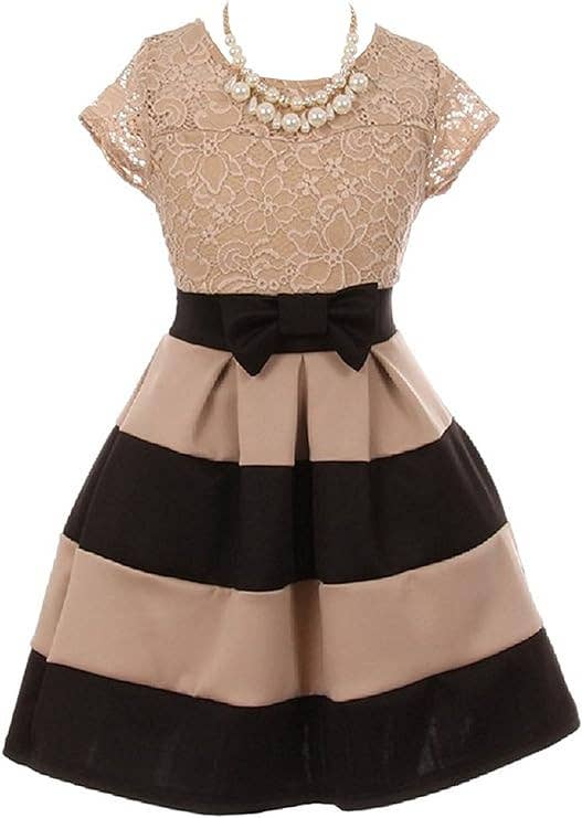 Little Girls Lace Bow Stripe Necklace Flower Girls Dresses: Coral / 12