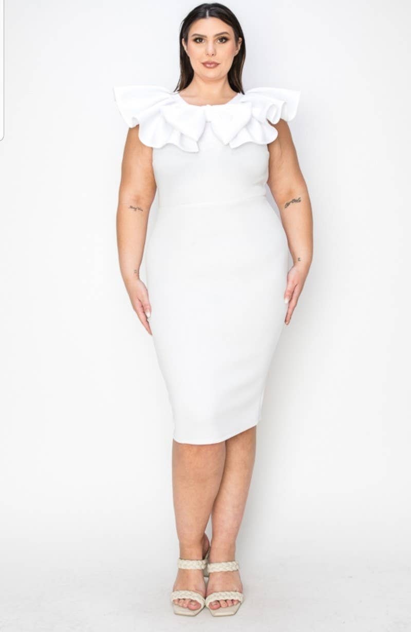Super techno Bow front middi bodycon dress : White / 2XL