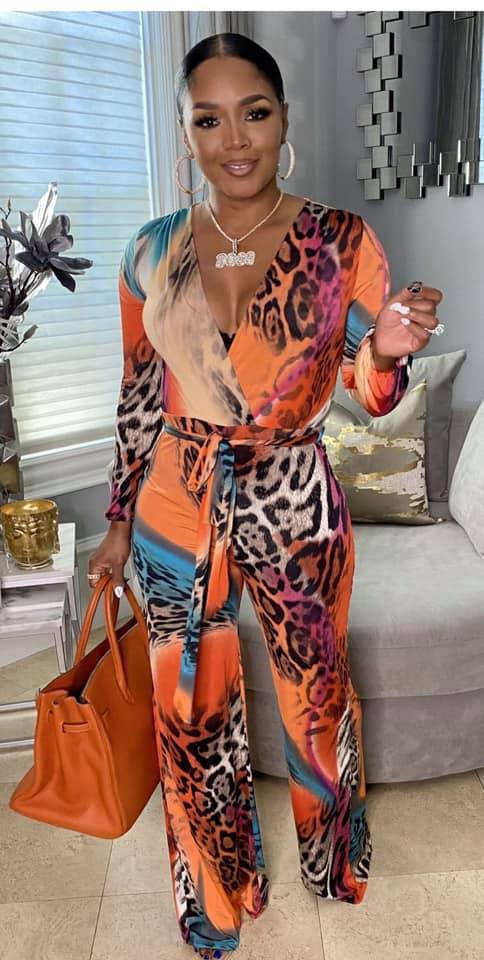 V-Neck Leopard Print  Jumpsuit Orange Multi-Color
