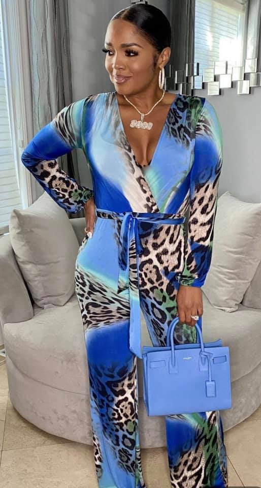 V Neck Leopard Long Sleeve Jumpsuit