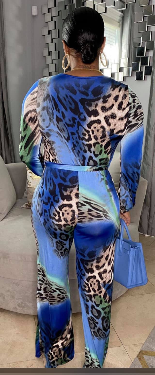 V Neck Leopard Long Sleeve Jumpsuit