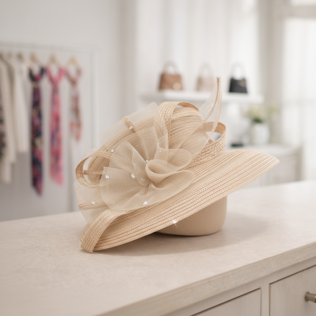 T15901 - Elegant dress Hat with Mesh Bow & Rhinestone Ac: Pink