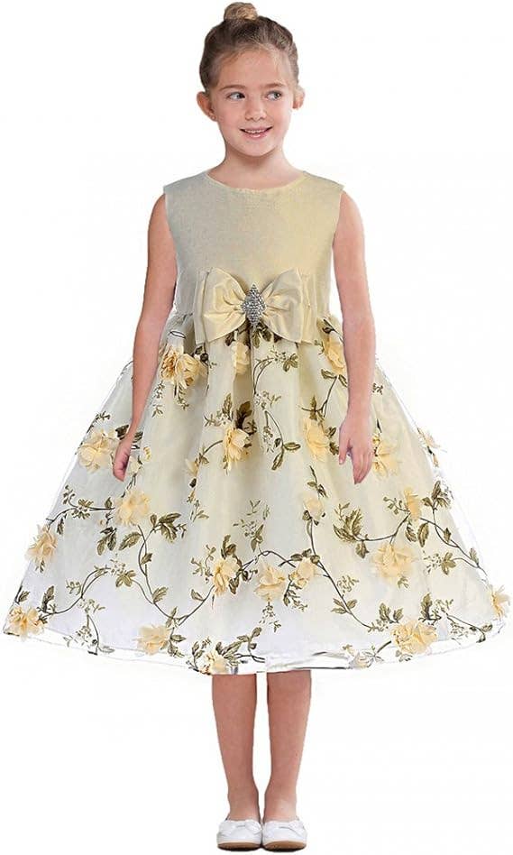 Girls Floral Embroidered Organza Dress with Bow and Brooch: Pink / 10