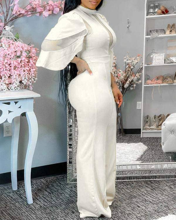 Sheer mesh bell sleeve wide legs jumpsuit: BLACK / 1-1-1-1 / S-M-L-XL