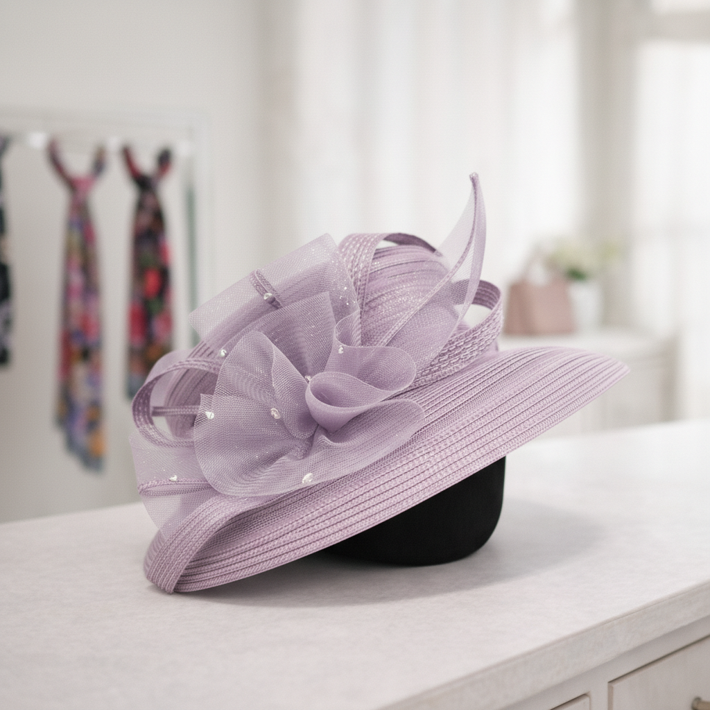 T15901 - Elegant dress Hat with Mesh Bow & Rhinestone Ac: Sky Blue