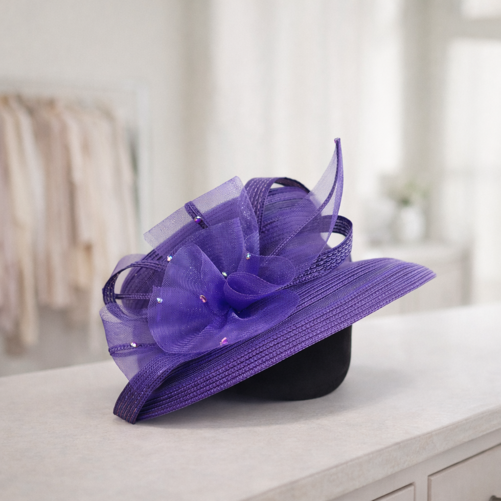 T15901 - Elegant dress Hat with Mesh Bow & Rhinestone Ac: Pink