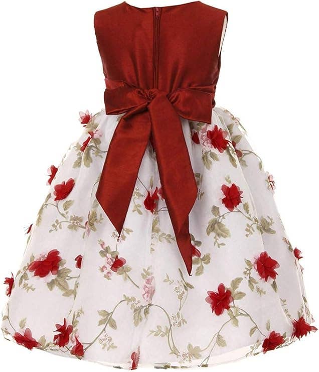 Girls Floral Embroidered Organza Dress with Bow and Brooch: Pink / 10