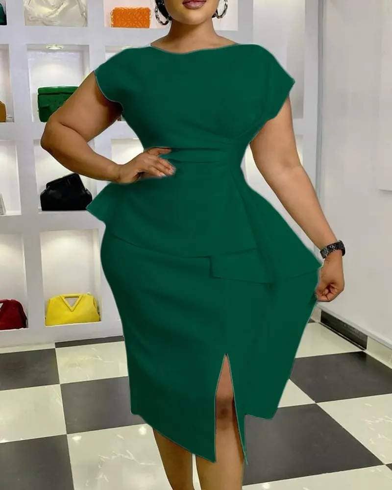 Round neck short sleeve slit work dress: WHITE / 1-1-1-1 / S-M-L-XL