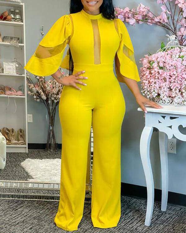 Sheer mesh bell sleeve wide legs jumpsuit: BLACK / 1-1-1-1 / S-M-L-XL