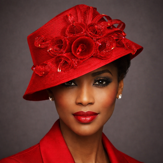 T025 - Women’s Red Dress Hat with Sculpted Rosette Detail: Red
