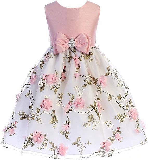 Girls Floral Embroidered Organza Dress with Bow and Brooch: Pink / 10