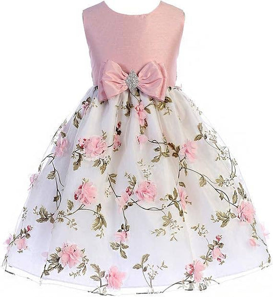 Girls Floral Embroidered Organza Dress with Bow and Brooch: Pink / 10