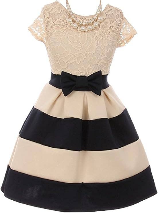 Little Girls Lace Bow Stripe Necklace Flower Girls Dresses: Mint / 10