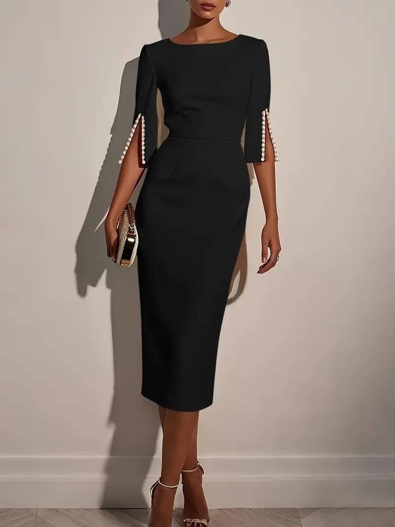 Beaded Sleeve Slim-Fit Elegant Dress: White / XXL