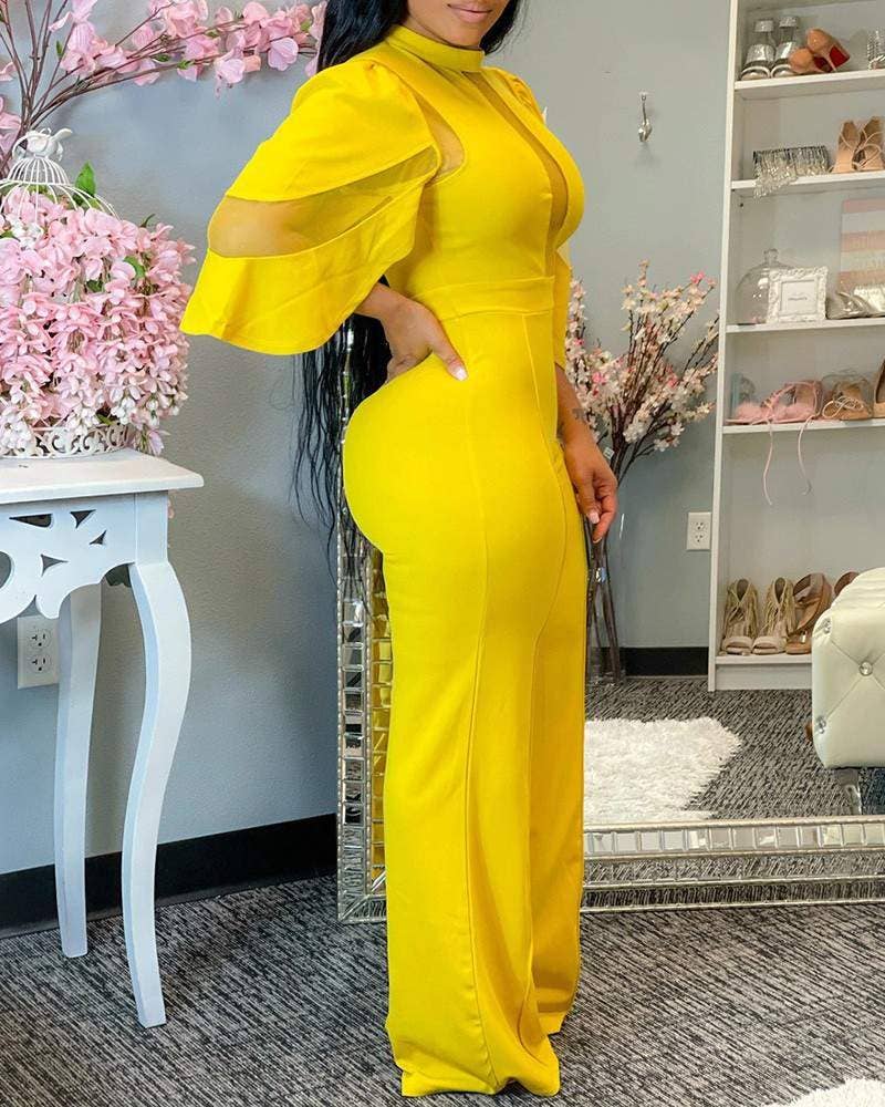 Sheer mesh bell sleeve wide legs jumpsuit: BLACK / 1-1-1-1 / S-M-L-XL
