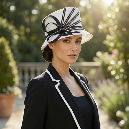 T1102 - Wide Brim Floral Hat: White/black