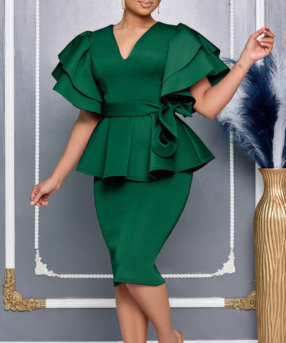 V-Neck Ruffle Wrap Gown: White / M