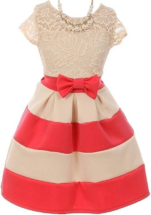 Little Girls Lace Bow Stripe Necklace Flower Girls Dresses: Coral / 12