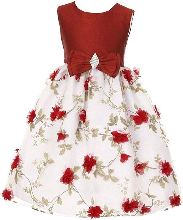Girls Floral Embroidered Organza Dress with Bow and Brooch: Pink / 10