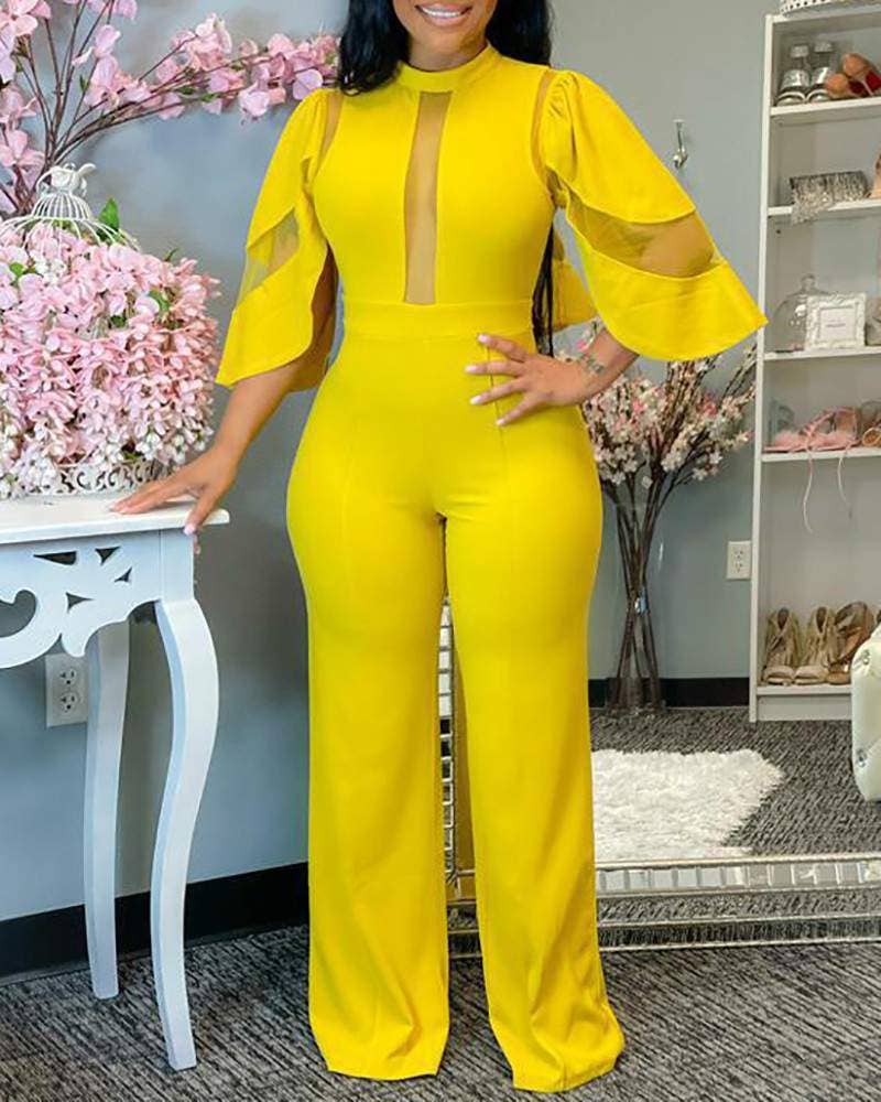 Sheer mesh bell sleeve wide legs jumpsuit: BLACK / 1-1-1-1 / S-M-L-XL